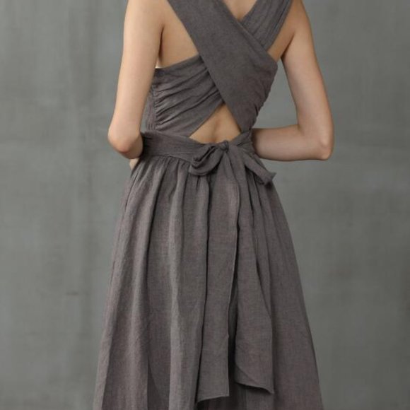 cross back linen dress maxi dress gray apron dress
